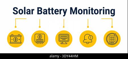 Flusso di lavoro in cinque fasi per il monitoraggio dello stoccaggio delle batterie solari, dall'accumulo e la misurazione dell'energia al display del cruscotto, al rilevamento degli avvisi e alla modalità operativa Illustrazione Vettoriale