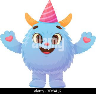 Mostro in pelliccia blu che indossa un cappello da festa con piccoli corni arancioni, palme a forma di cuore, occhi larghi e sorridenti, soffice Illustrazione Vettoriale