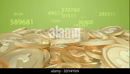Scintillante pila di monete d'oro che mostrano segni di dollaro, bordi rigati su gradiente verde, numeri fluttuanti Foto Stock