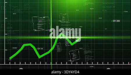 Visualizzazione di linee di tendenza verdi al neon spesse che si spostano sul cruscotto, mostrando mirino, griglia, etichette Foto Stock