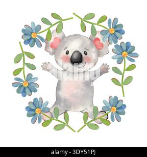 Carino e felice koala cartoni animati a braccia aperte, corona floreale, fiori blu. Illustrazione ad acquerello dipinta a mano isolata su bianco per il design dei bambini, bambini Foto Stock
