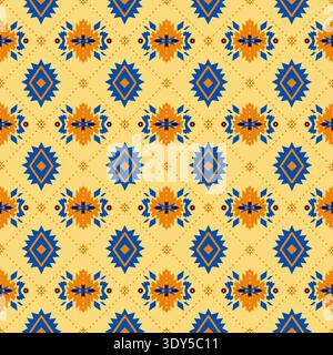 Vivace motivo etnico senza cuciture con motivi tribali geometrici arancioni e blu per tessuti e decorazioni Illustrazione Vettoriale