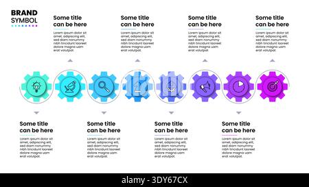 Modello infografico con icone e 8 opzioni o passaggi. Ingranaggi. Può essere utilizzato per il layout del flusso di lavoro, il diagramma, il banner, il webdesign. Illustrazione vettoriale Illustrazione Vettoriale