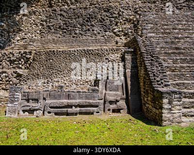 Vista dettagliata delle rovine maya che mostrano incisioni in pietra e gradini in Plaza a nel sito archeologico di Caracol nel distretto di Cayo, Belize Foto Stock