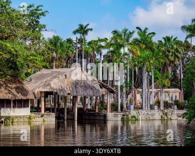 Vista del Giardino Maya dal New River con palme e strutture in paglia a Tower Hill, Orange Walk District in Belize Foto Stock