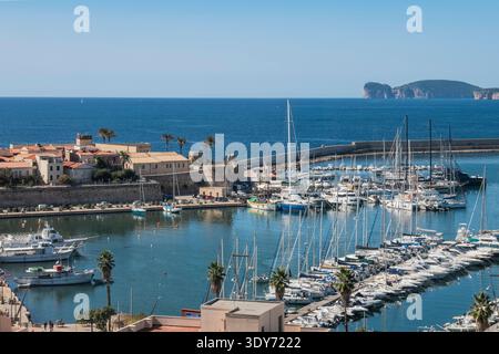 Porto turistico pieno di barche e yacht ad Alghero, punti salienti della vela e della vita costiera in Italia Foto Stock