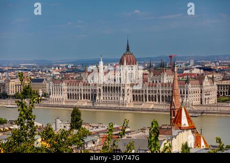 Vista elevata dell'edificio del Parlamento ungherese da Buda con tetti lungo la riva del Danubio a Budapest Foto Stock