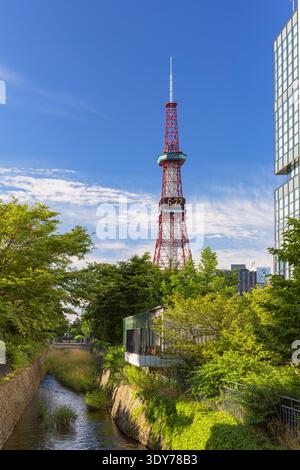 La torre della televisione di Sapporo si erge in alto contro il cielo a Sapporo, con alberi ed edifici in vista nelle giornate limpide Foto Stock