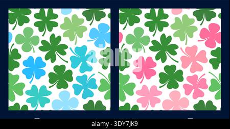 Grazioso set di motivi senza cuciture con quadrifoglio blu, blu e rosa, sfondo floreale per ragazze e ragazzi, il giorno di San Patrizio Illustrazione Vettoriale