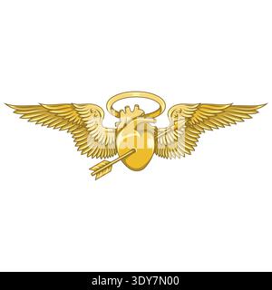 Elegante rappresentazione di un cuore freccia con ali e alone in tonalità oro metallizzate. Design di lusso con finiture oro lucido e rifiniture sofisticate Illustrazione Vettoriale