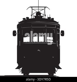 Tram d'epoca con vista frontale e pantografo e specchi. Illustrazione Vettoriale