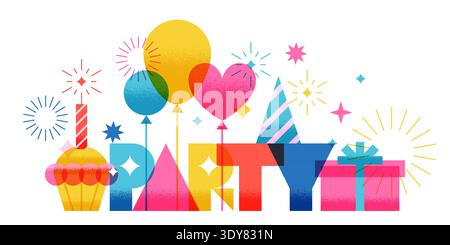Lettere geometriche per feste, palloncini, torta con candela, confezione regalo. Illustrazione tipografica colorata vettoriale. Elementi di design per l'auto di auguri di compleanno Illustrazione Vettoriale