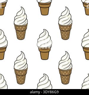 Motivo vettoriale senza cuciture di cremosi coni di gelato morbidi in coni di waffle, perfetti per prelibatezze estive e dessert. Illustrazione Vettoriale