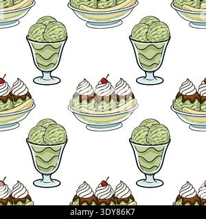 Fantasia vettoriale senza cuciture di deliziosi gelati e spezie di banana, perfetta per i dessert estivi. Illustrazione Vettoriale