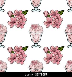 Il gelato rosa con un motivo vettoriale senza cuciture si trasforma in un bicchiere con fiori di ciliegio. Illustrazione Vettoriale