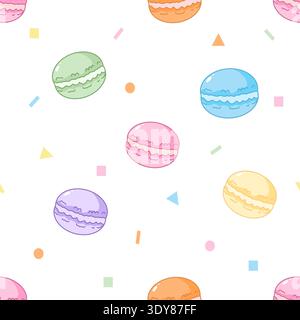 Grazioso motivo vettoriale senza cuciture caratterizzato da macaron pastello e colorate macchie geometriche su sfondo bianco. Ideale per carta da parati, tessuti e imballaggi Illustrazione Vettoriale