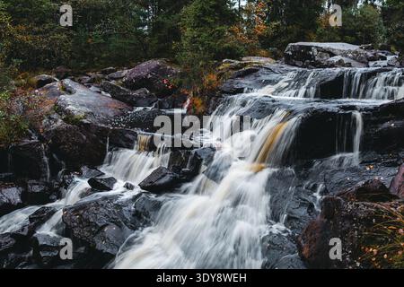 Cascata autunnale sulle Dark Rocks nella foresta scandinava Foto Stock