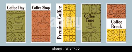 Collezione di banner geometrici a tema caffè. Illustrazione del caffè disegnata a mano. Sfondo linea geometrica astratta. Icone del caffè, design della linea con simp Illustrazione Vettoriale