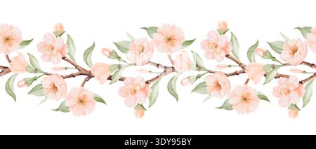 Ramo in fiore di pesca con fiori primaverili in fiore. Illustrazione con pittura a mano botanica. Foto Stock