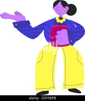 Donna sicura di sé che tiene in mano una piegatrice mentre fa un gesto espressivo della mano in un ambiente professionale. Illustrazione Vettoriale