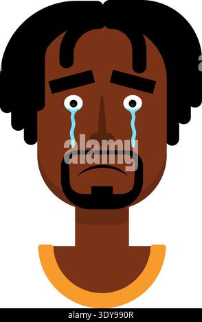 Faccia maschile nera in stile cartoni animati che mostra emozioni piangenti con lacrime ed espressione triste in un design vettoriale piatto. Illustrazione Vettoriale