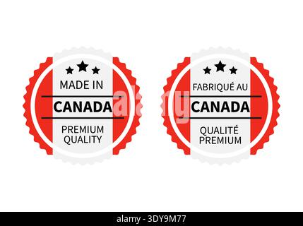 Etichette rotonde prodotte in Canada in inglese e francese. Icona del vettore del marchio di qualità. Perfetto per design di logo, etichette, emblema, badge, adesivi, pro Illustrazione Vettoriale