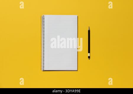 Aprire il blocco note a spirale su uno sfondo giallo. La pagina è vuota e sul lato è presente una penna. Foto Stock