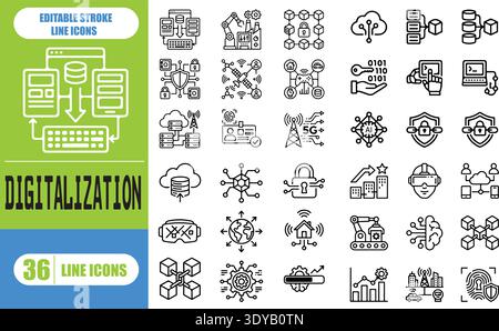 Set di icone digitalizzazione e trasformazione digitale, Black Vector Line Art per aziende e tecnologia Illustrazione Vettoriale