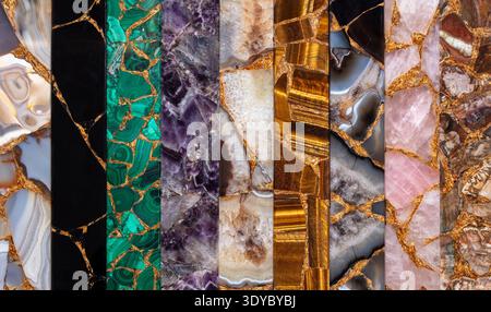 Set di pietre semi-preziose. Agata Atena, Tigers Eye Golden, quarzo rosa, legno pietrificato, ossidiana nera, Ametista, Malachite. Foto Stock