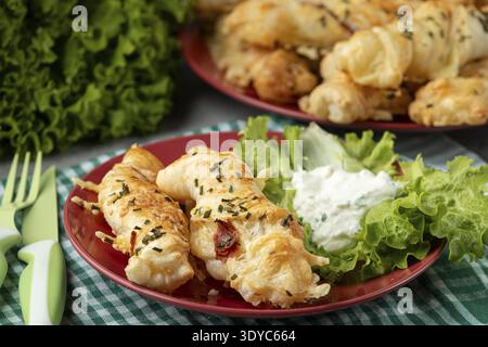 Involtini di formaggio pronti al forno con salsa e insalata serviti su un piatto Foto Stock