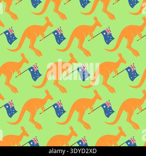 crea canguri e bandiere su sfondo verde. Carta da parati patriottica per il tessuto e l'arredamento dell'Australia Day. Illustrazione Vettoriale