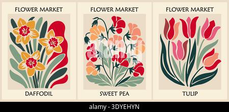 Set di poster astratti alla moda per il mercato dei fiori Illustrazione Vettoriale