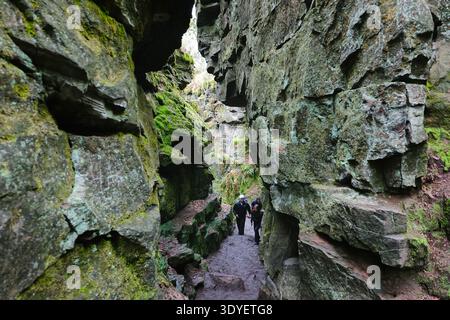 Deep Stone Chasm Lud's Church nel Peak District National Park, Staffordshire, Regno Unito. Alte pareti rocciose di una gola naturale di arenaria con un gruppo di escursionisti Foto Stock