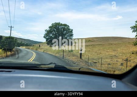 La vista del veicolo mostra una strada rurale tortuosa attraverso colline aperte. Blu cielo con soffici nuvole bianche. L'albero lussureggiante si erge accanto alla spalla di ghiaia. Linee di recinzione Foto Stock