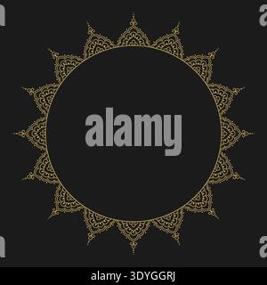 Cornice circolare circolare in mehndi mandala di colore oro. Pizzo simmetrico come ornamento con lune a mezzaluna e puntini, perfetto per inviti, tronchi Illustrazione Vettoriale