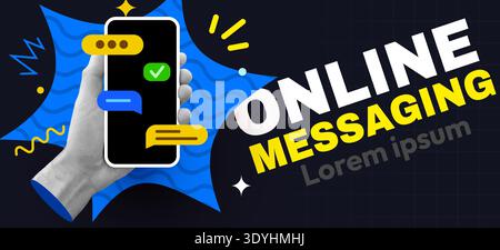 Concetto di messaggistica online smartphone con blocco a mano e bolle di chat, che rappresentano la moderna comunicazione digitale. Illustrazione vettoriale. Illustrazione Vettoriale