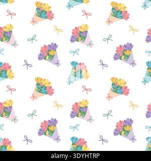 Motivo senza cuciture con graziosi mazzi di fiori colorati e vettoriali di archi Illustrazione Vettoriale