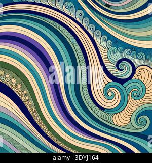 Un'illustrazione astratta con linee ondulate colorate e vortici decorativi in tonalità blu, verde e beige che creano un motivo dinamico. Illustrazione Vettoriale