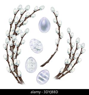 Set di rami di salice, uova di Pasqua. Acquerello botanico clipart del rinnovamento primaverile e della celebrazione pasquale isolato su sfondo bianco per Foto Stock