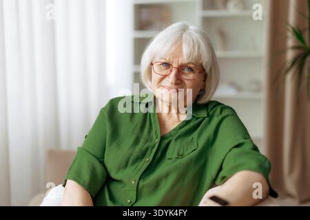 Ritratto di una bella donna anziana che si rilassa sul divano di casa Foto Stock