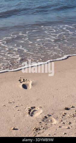 Path to Paradise: POV verticale di Footprints in the Sand su una Sunny Key West Beach Foto Stock