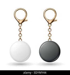 Set di tag portachiavi rotondi vuoti Vector 3d, isolati. Portachiavi bianco e nero con catena dorata e chiusura a moschettone. Mockup accessorio portachiavi realistico per Illustrazione Vettoriale