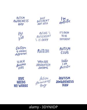 Giornata mondiale della consapevolezza dell'autismo dicendo set disegnato a mano Illustrazione Vettoriale