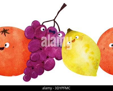Motivo senza cuciture con frutti tropicali: Uva felice, limone succoso, arancia. Texture acquerelli brillanti, volti giocosi. Perfetto per la doccia del bambino, in estate Foto Stock