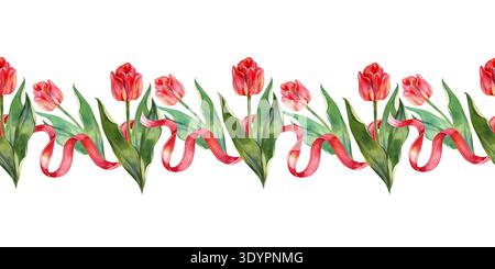 Bordo orizzontale senza cuciture ad acquerello con un motivo ritmico di tulipani rossi e foglie verdi. Questa elegante ghirlanda floreale è dipinta a mano Foto Stock