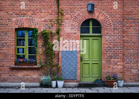 Tradizionale facciata in mattoni rossi con porta verde e finestra con fioriera e pianta da arrampicata su un edificio residenziale esterno. Foto Stock