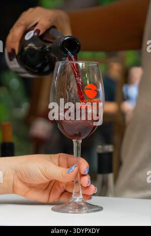 All'Yerevan Wine Days Festival, l'enologo versa vino rosso in un bicchiere. L'immagine cattura un primo piano di celebrazione e cultura enologica armena. Foto Stock