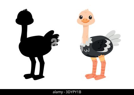 Carino carino cartoni animati di struzzo con sagoma omata per i bambini vettore di gioco educativo Illustrazione Vettoriale