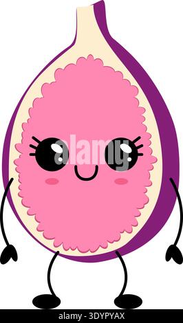 Mascotte di fico personaggio Kawaii sorridente interno rosa grandi occhi lucidi piccole guance arrossate bastoncini braccia e gambe sfondo bianco stile adesivo p Illustrazione Vettoriale