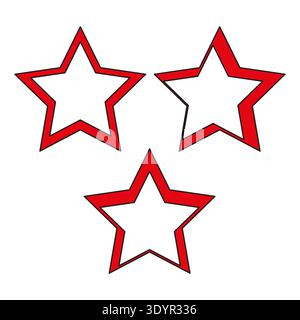 tre stelle. Vettore bordo rosso. Brillanti forme celesti. Simboli di riconoscimento luminosi. EPS 10. Illustrazione Vettoriale
